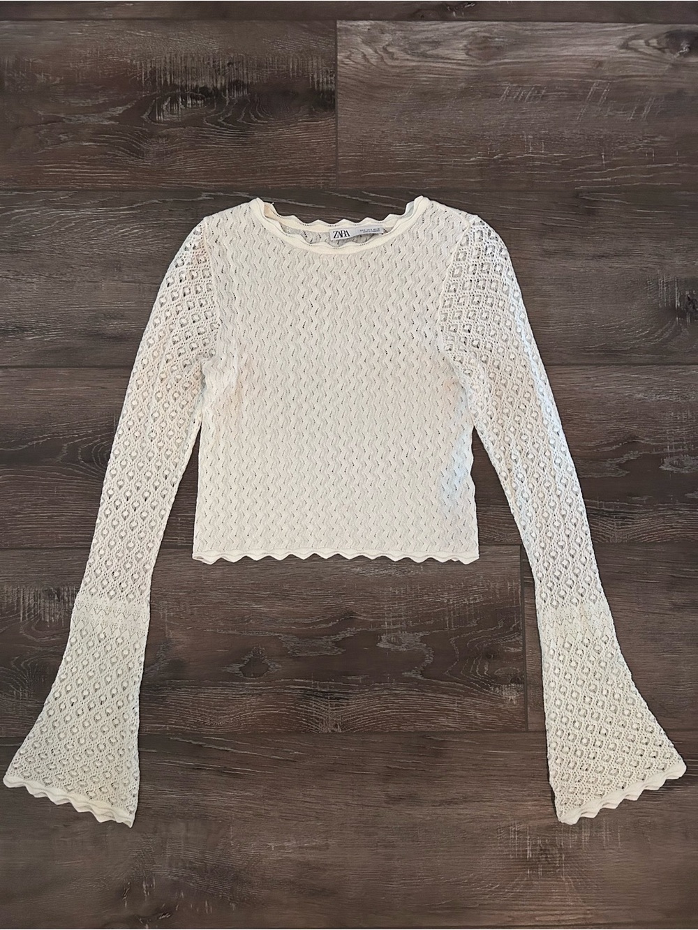 ZARA Ivory Open Knit Long-Sleeve Top Small